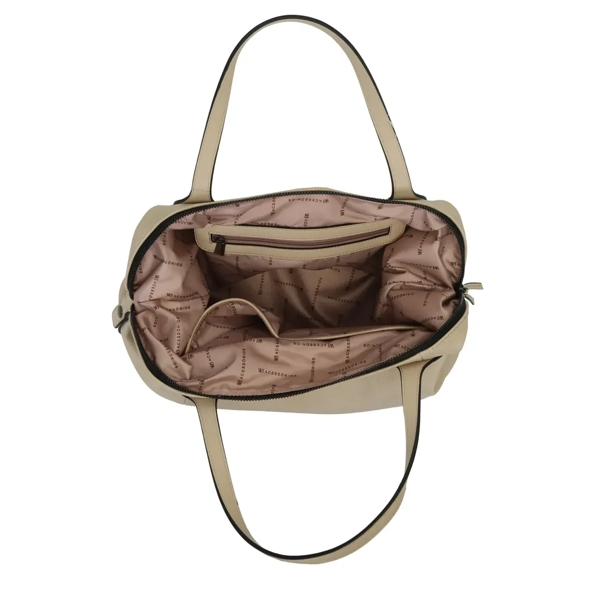 Interior da bolsa WJ bege mostrando forro personalizado e bolso com zíper